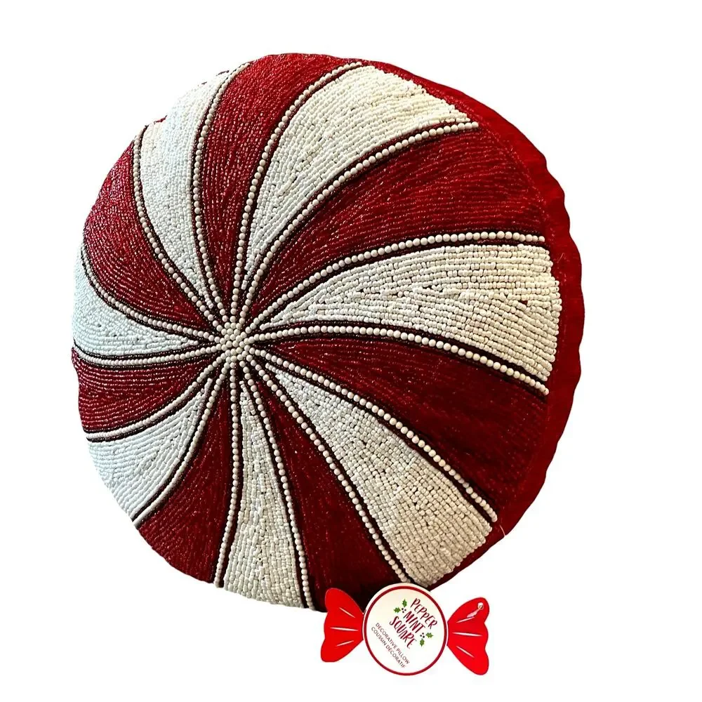 Beaded Christmas Peppermint Candy Pillow 15in Holiday Decor by Peppermint Square